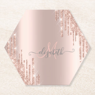 Moderne Glitter-Tropfen Roségold-Monogramm Untersetzer