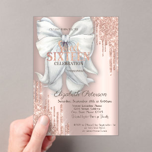 Moderne Glitter-Tropfen-Schleife Roségold Sweet 16 Acryleinladungen
