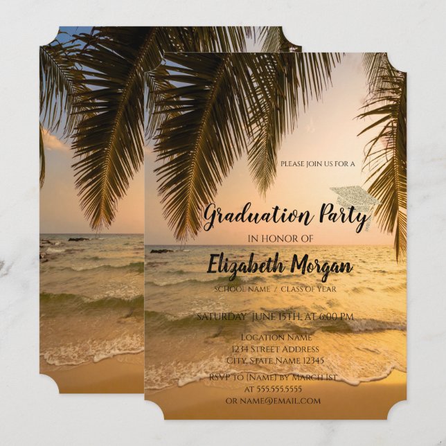 Moderne Glitzer Graduation Cap, Beach Palm Einladung (Vorne/Hinten)