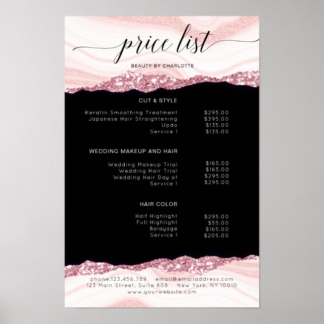 Moderne, Glitzer, rosa schwarze Preisliste Poster (Vorne)