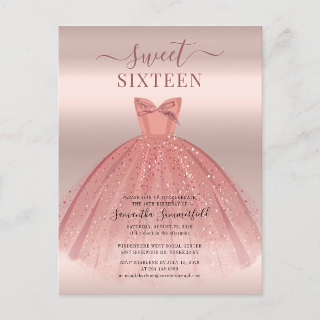 Moderne Glitzer Rose Gold Sweet 16 Geburtstag Einladungspostkarte (Vorderseite)