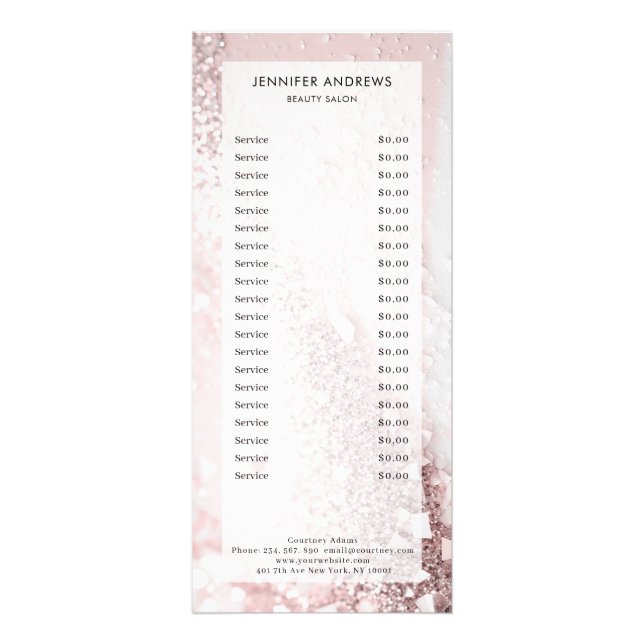 Moderne Glitzer Salon Preis List Rack Card Werbekarte (Vorne)