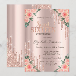 Moderne Glitzer Tropfen Blumenstrauß Rose Gold Swe Einladung