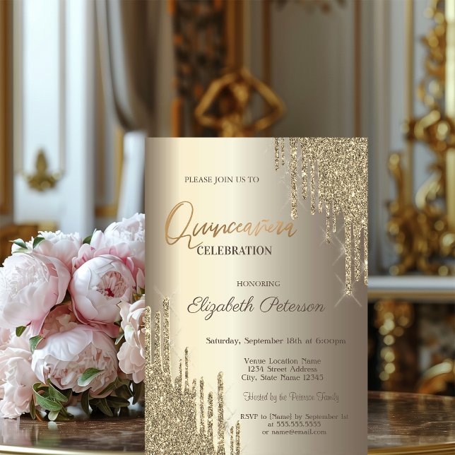 Moderne Glitzer Tropfen Champagne Gold Quinceñera Einladung (Von Creator hochgeladen)