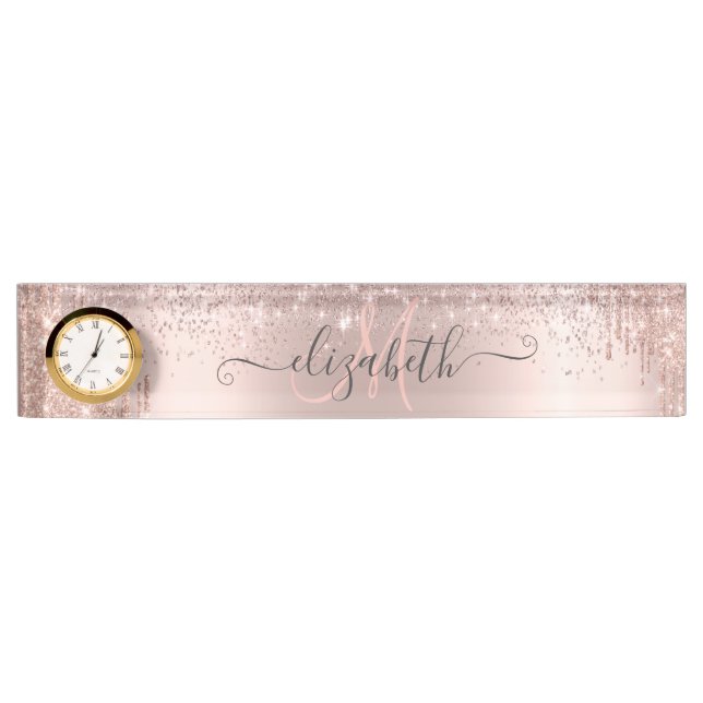 Moderne Glitzer Tropfen Rose Gold Dust Monogram Namensplakette (Vorderseite)