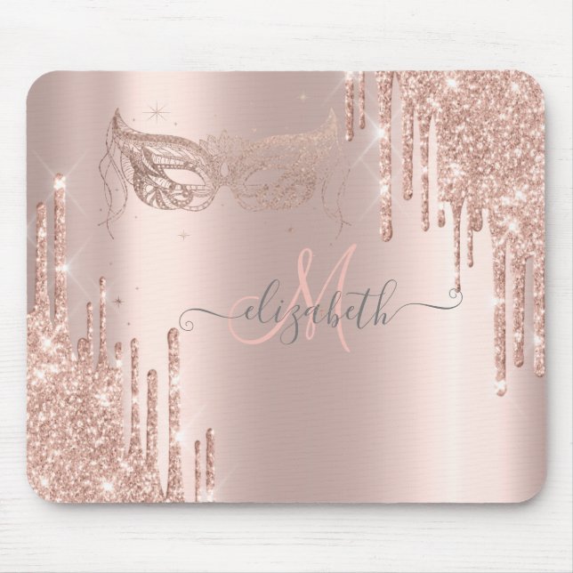 Moderne Glitzer Tropfen Rose Gold Maske Monogramm Mousepad (Vorne)