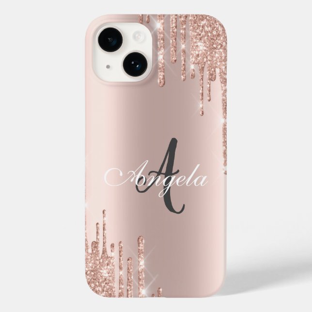 Moderne Glitzer Tropfen Rose Gold, Monogramm Case-Mate iPhone Hülle (Rückseite)