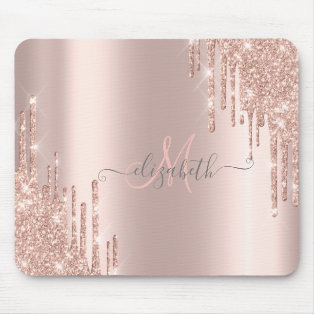 Moderne Glitzer Tropfen Rosen Gold Monogram Mousepad (Vorne)