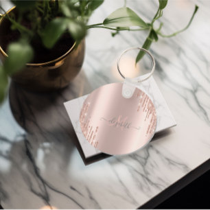 Moderne Glitzer Tropfen Rosen Gold Monogram Schlüsselanhänger