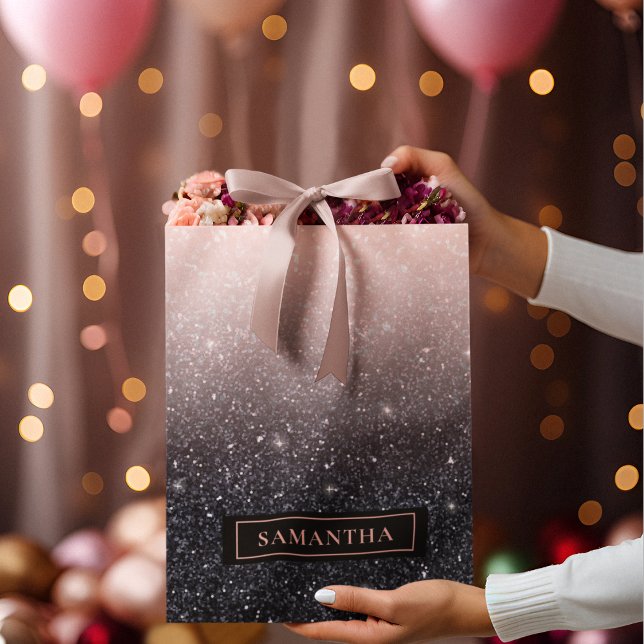 Moderne Glitzern in Schwarz und Rosa Glitzer Große Geschenktüte (Von Creator hochgeladen)