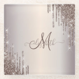 Moderne Glitzertropfen-Monogramm Glasuntersetzer