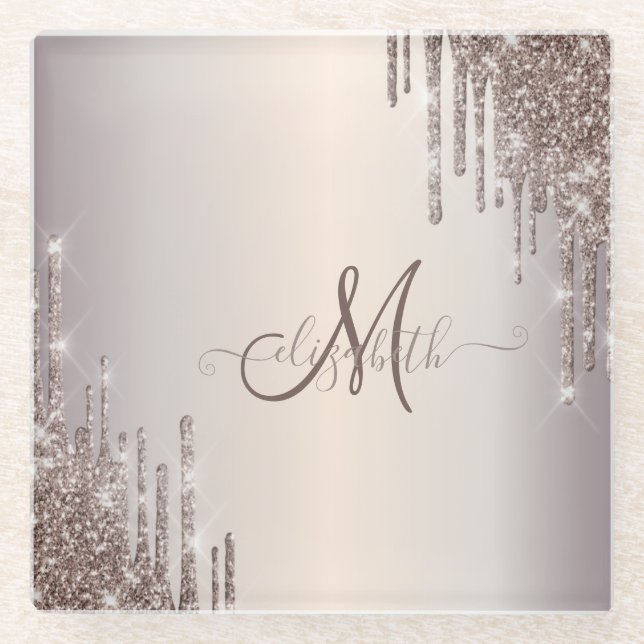 Moderne Glitzertropfen-Monogramm Glasuntersetzer (Vorderseite)