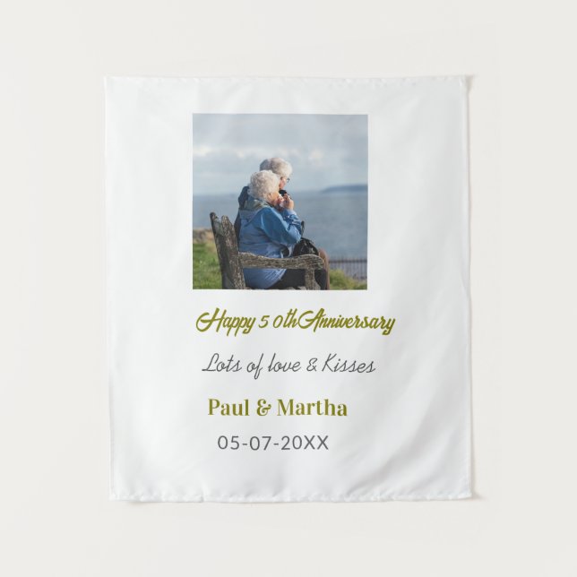 Moderne glückliche 50. Hochzeitstag Name Datum Fot Wandteppich (Vorderseite)