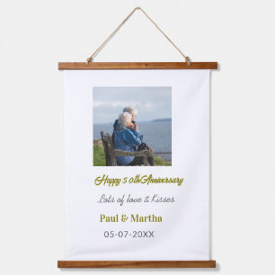 Moderne glückliche 50. Hochzeitstag Name Datum Fot Wandteppich Mit Holzrahmen