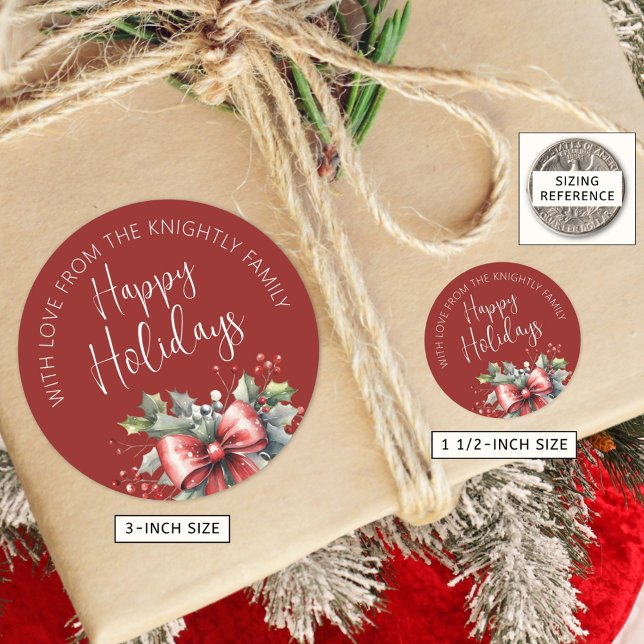 Moderne glückliche Ferien Script Red Bow aus Name Runder Aufkleber (Von Creator hochgeladen)