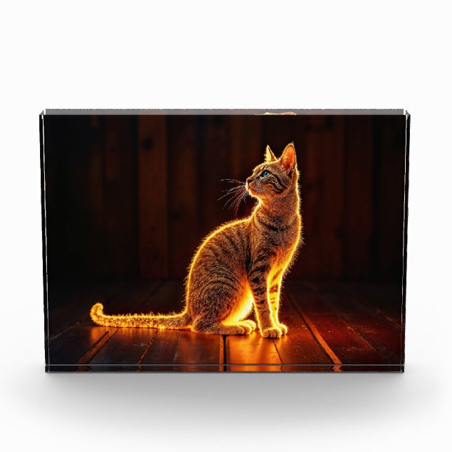 Moderne Glühtabby Katzenblau Augen Fantasie Kunst Fotoblock (Vorderseite)