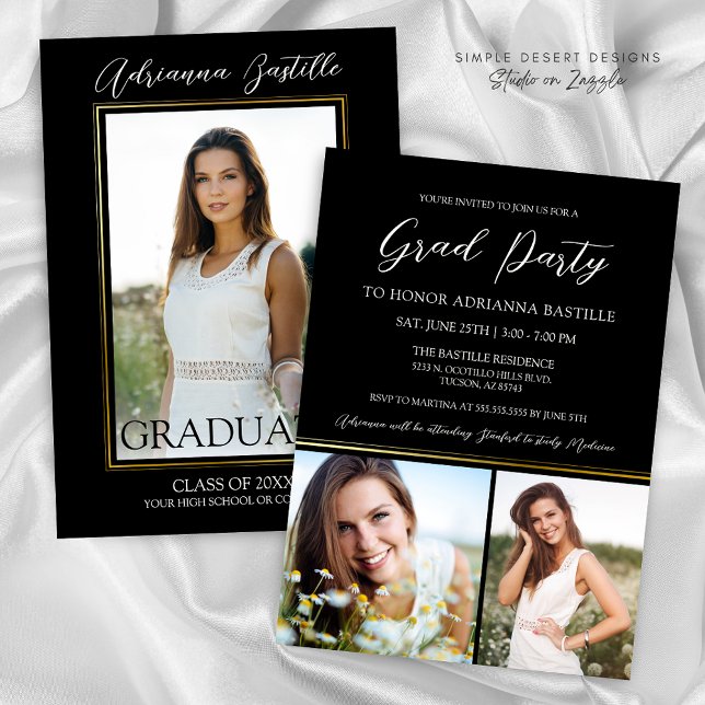 Moderne Gold 3 Foto-Graduierungspartei Einladung (Elegant Black and Gold Modern Signature Graduation Invitation for High School or College Grad Party)