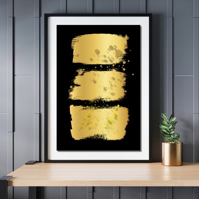 Moderne Gold Akzente Dekoration Schwarz Pinsel Abs (Modern Minimalist Gold And Black Paint Brush Stroke Gold Spatter Abstract Wall Art Poster Print)