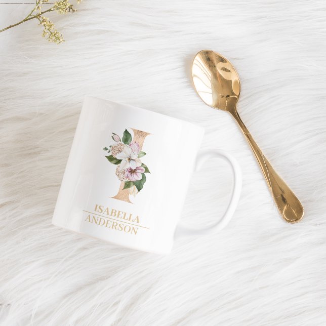 Moderne Gold-Aquarell-Blume Letter I | Monogramm Kaffeetasse (Von Creator hochgeladen)