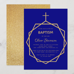 Moderne Gold auf marineblauer geometrischer Taufe Einladung