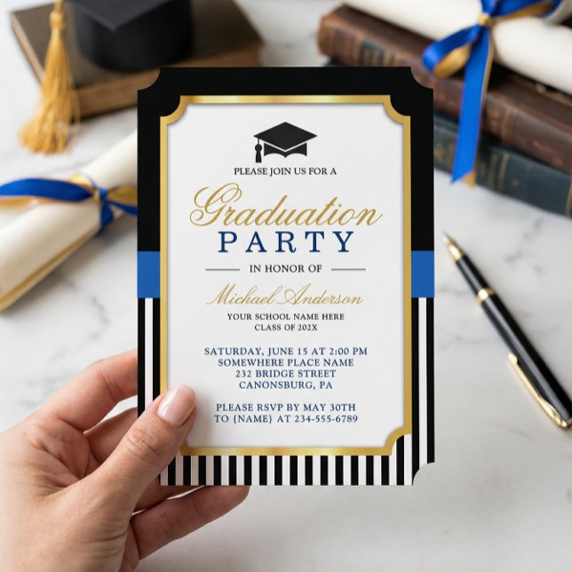 Moderne Gold Black Blue Stripes Graduierungsparty Einladung (Von Creator hochgeladen)