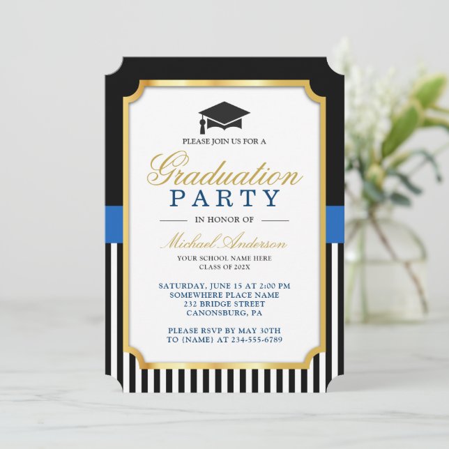 Moderne Gold Black Blue Stripes Graduierungsparty Einladung (Stehend Vorderseite)