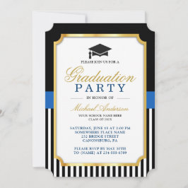 Moderne Gold Black Blue Stripes Graduierungsparty Einladung