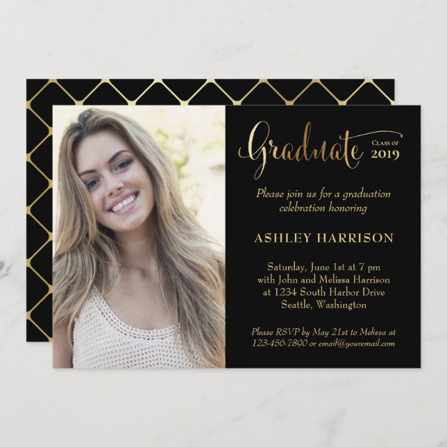 Moderne Gold Black Foto Graduation Party Einladung (Vorne/Hinten)