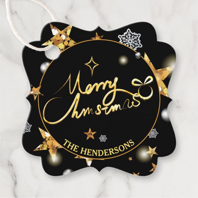 Moderne Gold Black Stars Frohe Weihnachten Geschenkanhänger (Vorderseite)