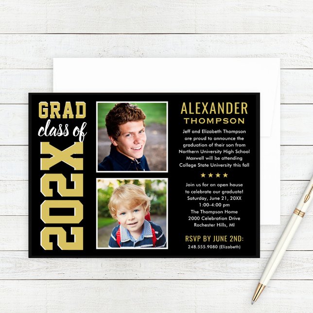 Moderne Gold Black Two Foto Graduation Party Einladung (Von Creator hochgeladen)