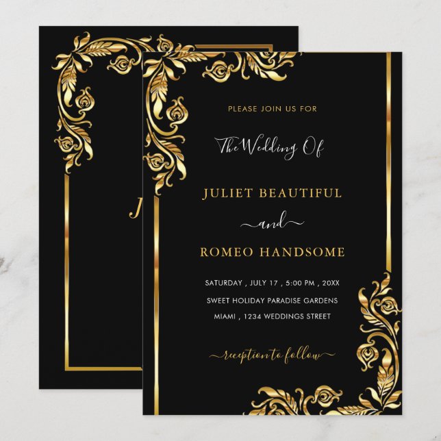 Moderne Gold Blätter Gerahmte Schwarze Hochzeit Ei (Vorne/Hinten)