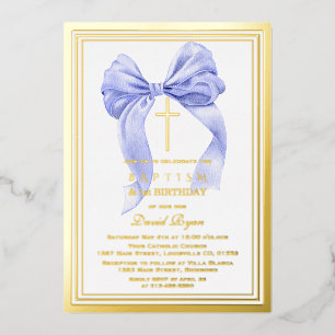 Moderne Gold Blau Bogen Junge 1. Geburtstag Taufe Folieneinladung