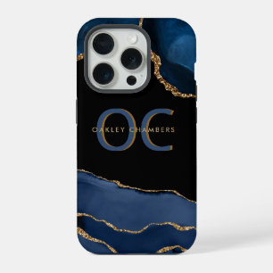 Moderne Gold Blau Monogramm Navy Schwarz Gold Acha iPhone 15 Pro Hülle