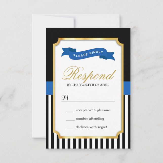 Moderne Gold Blue Schwarz-weiß Strips RSVP Card Karte (Vorderseite)