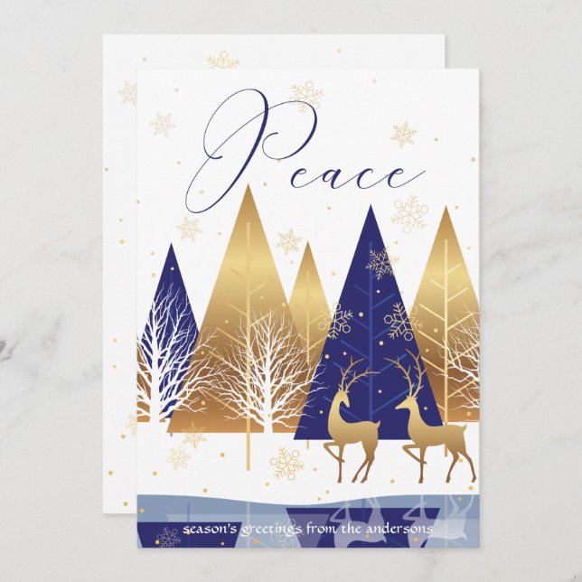 Moderne Gold Blue Trees Deer Peace Holiday Gruß Einladung (Vorne/Hinten)