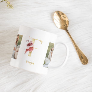 Moderne Gold-Blumen-Initiale F Zweifoto-Monogram Kaffeetasse