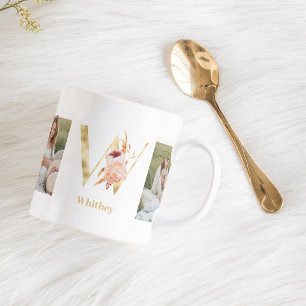 Moderne Gold-Blumen-Initiale W Zweifoto-Monogra Kaffeetasse