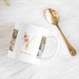 Moderne Gold-Blumen-Initiale Y Zweifoto-Monogram Kaffeetasse
