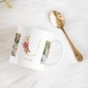Moderne Gold-Blumen-Letter U   Zwei-Foto-Monogramm Kaffeetasse
