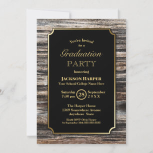 Moderne Gold Border Wood Graduation Party Einladung