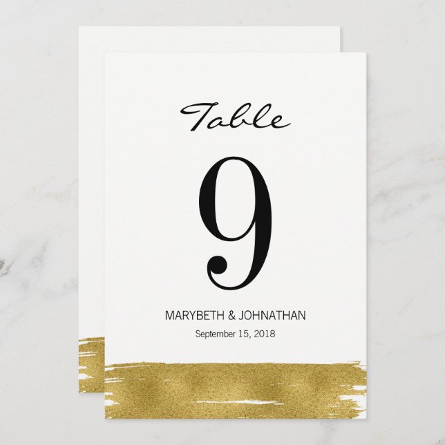 Moderne Gold Brushstroke Wedding Tischnummer Card (Vorne/Hinten)