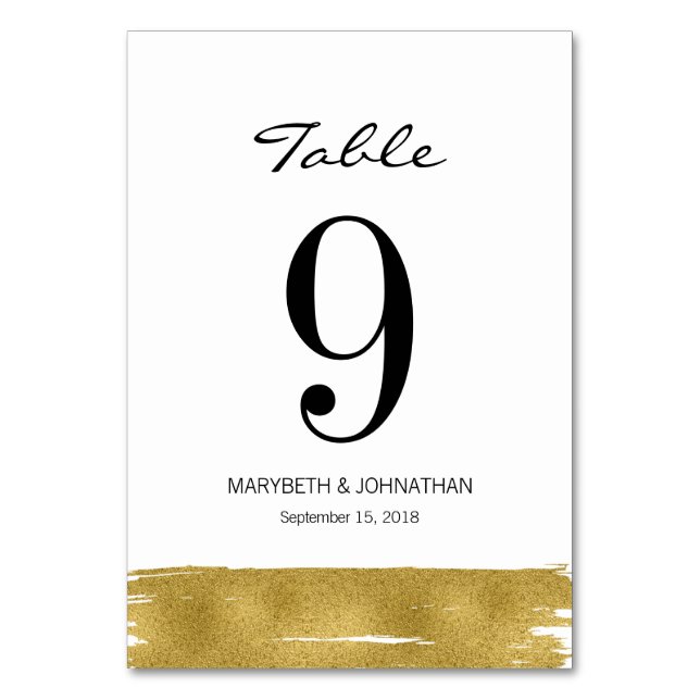 Moderne Gold Brushstroke Wedding Tischnummer Card (Vorderseite)