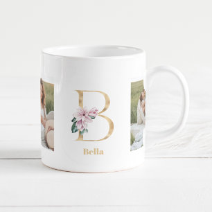 Moderne Gold-Buchstabe B-Blume   Zweifoto-Monogram Kaffeetasse