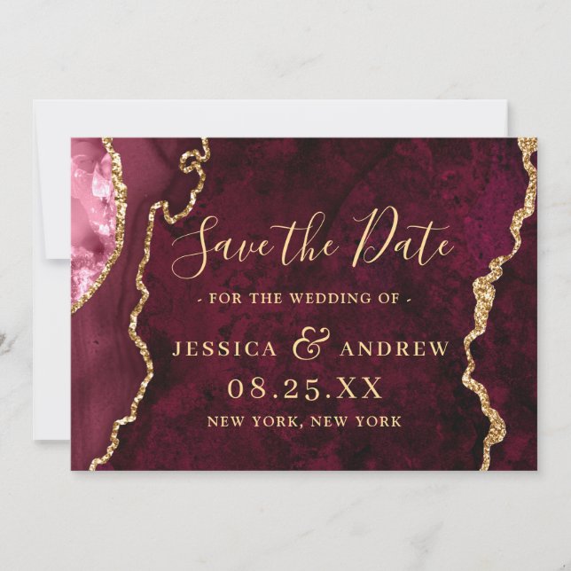 Moderne Gold Burgundy Agate Wedding speichern das  Save The Date (Vorderseite)
