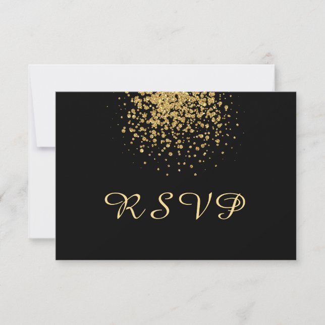 Moderne Gold Confetti auf schwarz RSVP Karte (Vorderseite)