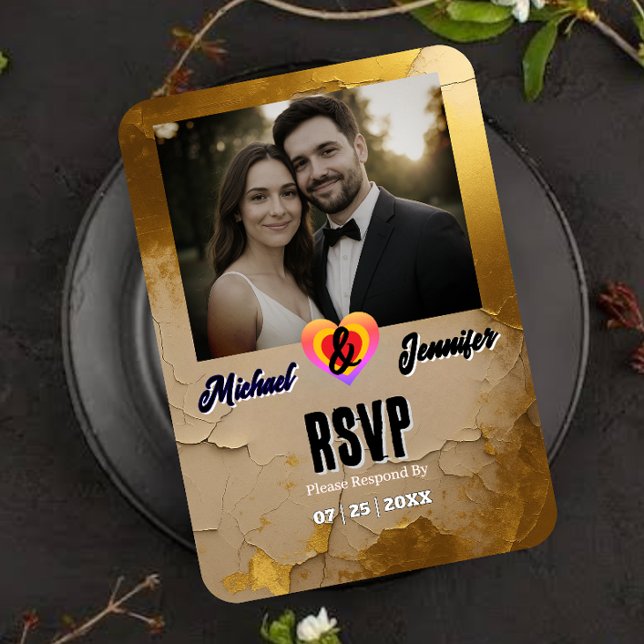 Moderne Gold Cracked Foto Wedding RSVP Card Karte (Von Creator hochgeladen)