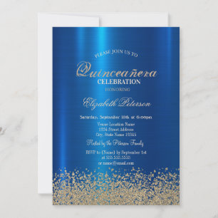 Moderne Gold-Diamanten Blaue Metallic Quinceañera Einladung