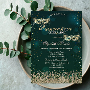 Moderne Gold-Diamanten-Maske Grün Quinceañera Einladung