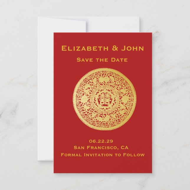 Moderne Gold Double Happiness Wedding No.10 Save The Date (Vorderseite)