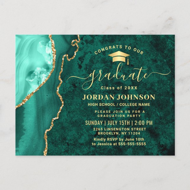 Moderne Gold Emerald Graduation Party Einladung Postkarte (Vorderseite)